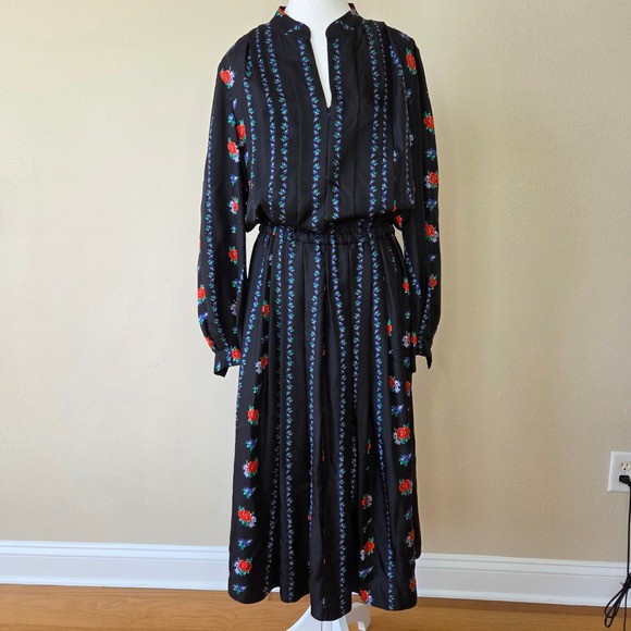 Tory Burch Dresses & Skirts - EUC Tory Burch Black 100% Silk Floral Rose Stripe Pleated Midi Dress Size 14